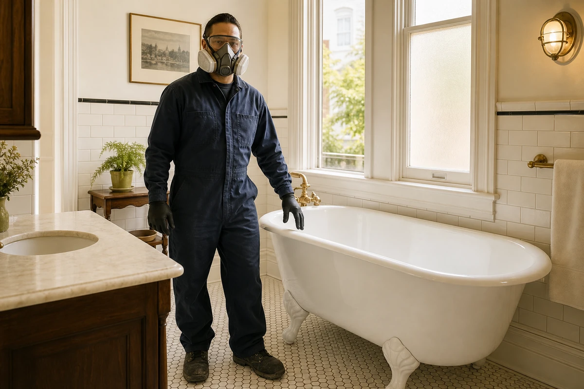 A San Francisco reglazing technician beside a restored clawfoot tub, ready for the next job