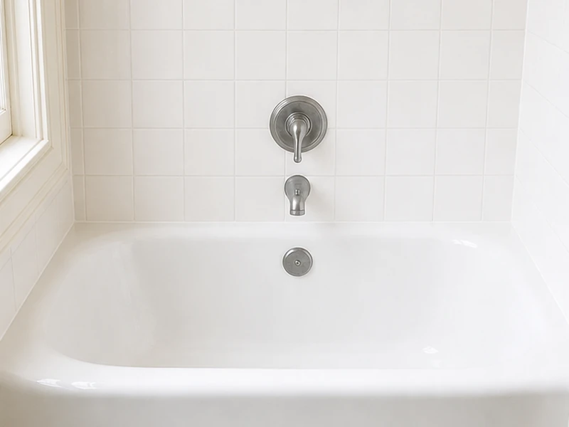 The same porcelain cast-iron tub after reglazing, factory-smooth glossy white, the Mission, San Francisco