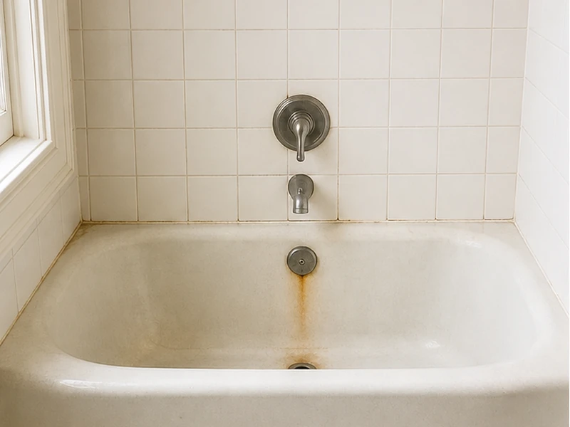Worn porcelain cast-iron tub with rust at the drain before reglazing in a Mission flat, San Francisco