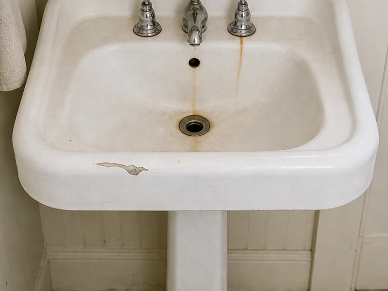 Vintage white porcelain pedestal sink with a chipped basin and rust trail in a Mission flat before reglazing, San Francisco